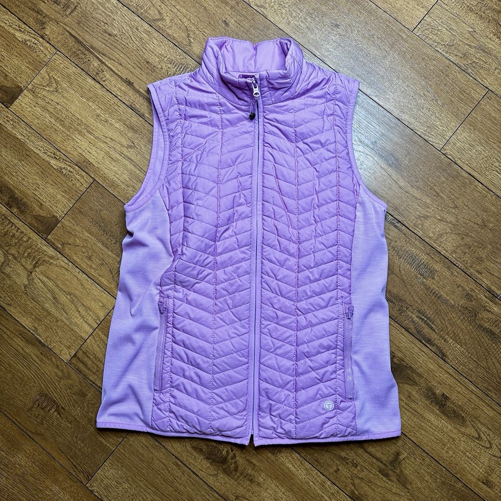 T by Talbots Women's Quilted Vest Pink Purple Lilac Travel Pockets‎ Full Zip S